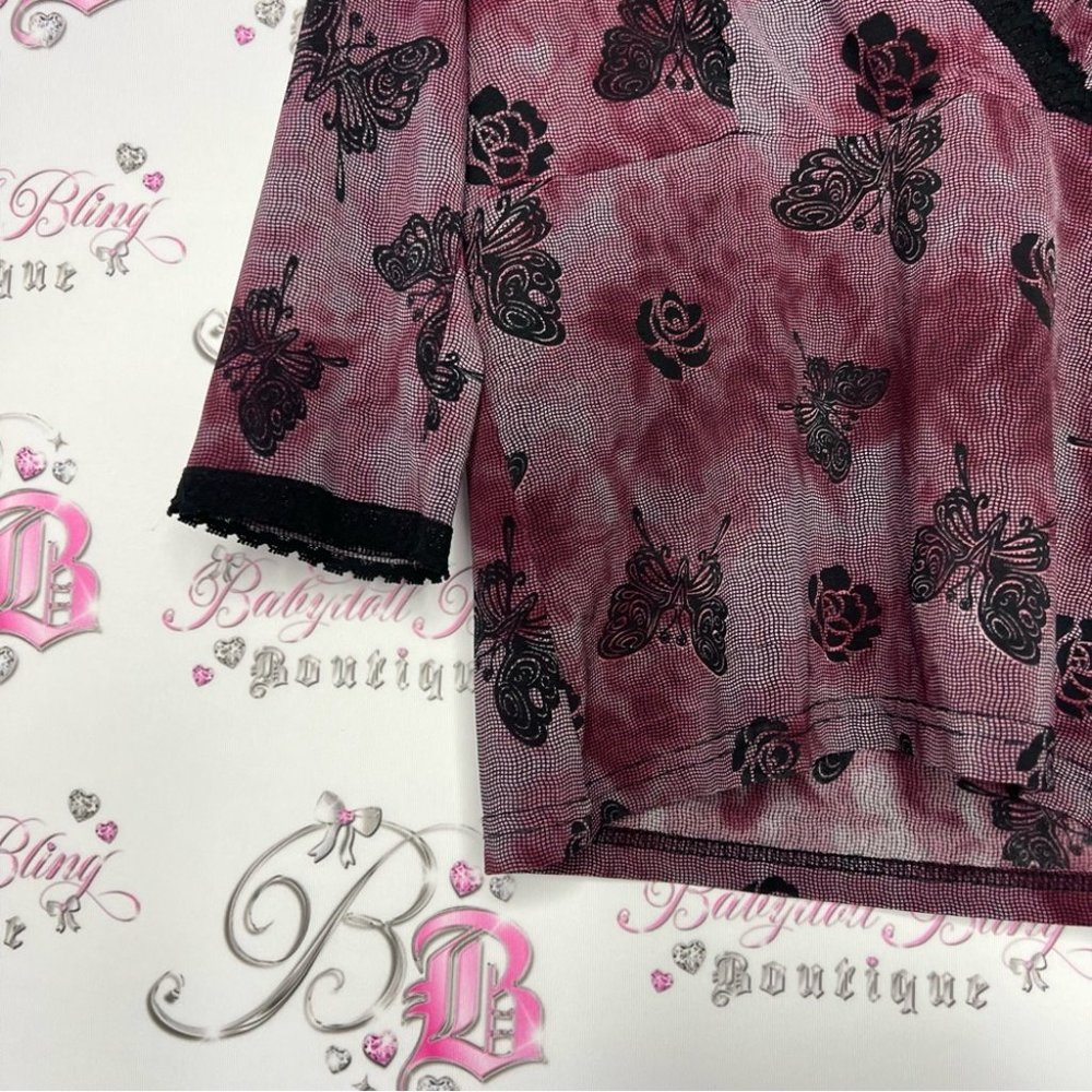 Butterfly roses shirt stretchy y2k lace trim black and red goth punk fairy y2k - Picture 5 of 7